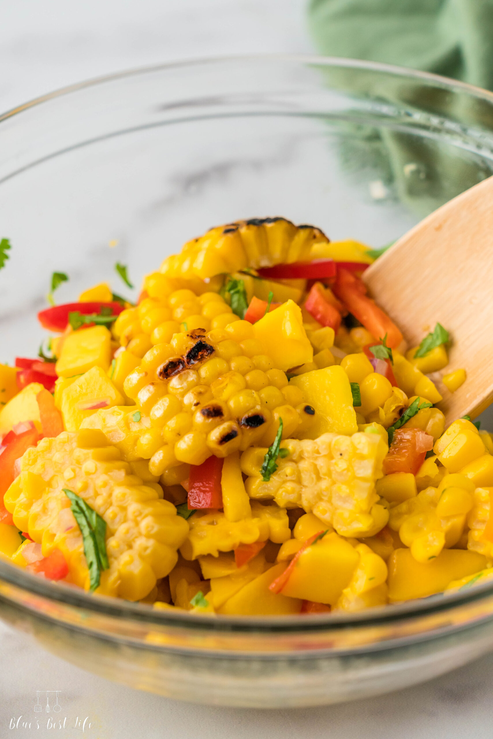 A close up of the grilled corn and  mango salsa. 