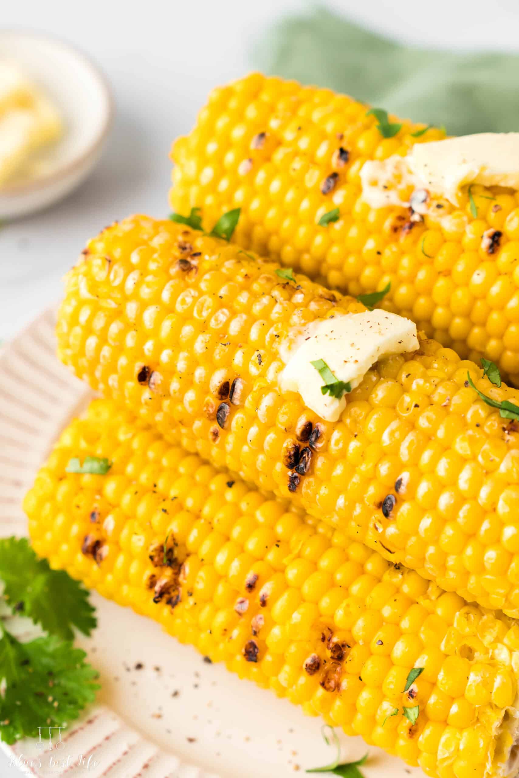 Grilled ears of corn on the cob with melted butter. 