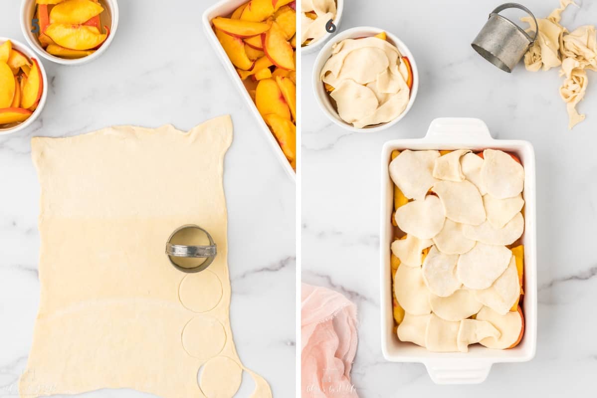 Cutting the puff pastry with a biscuit cutter and layering on top of the peaches. 