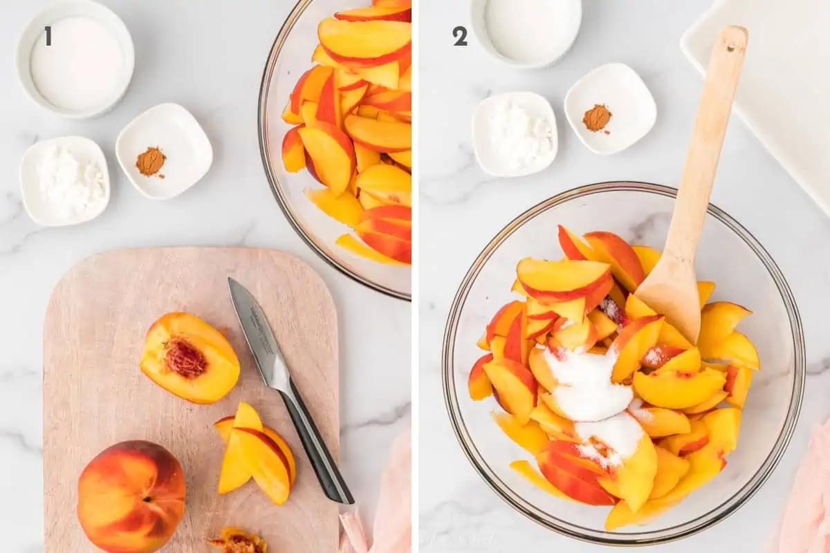 Cutting the peach slices and adding to a bowl with sugar. 