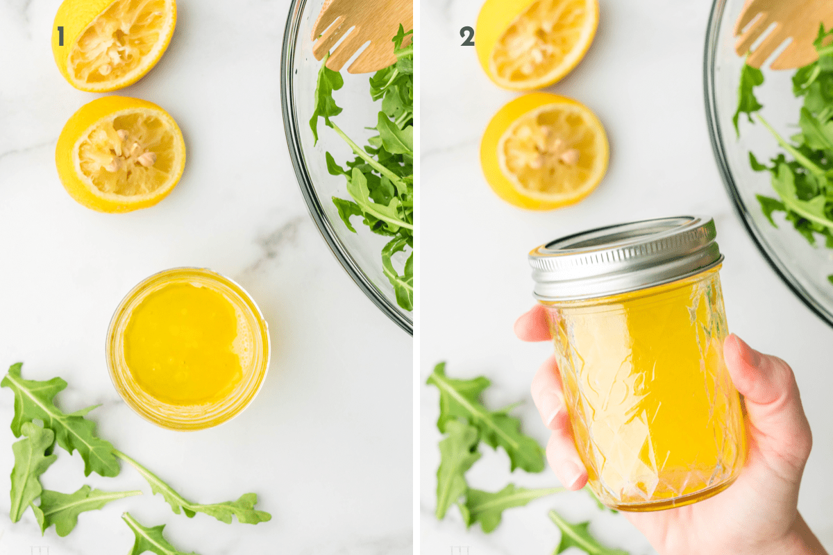 Photo collage. Left: Mixing the ingredients for the lemon vinaigrette in a mason jar. Right: Mixing the dressing by shaking it well in a mason jar.