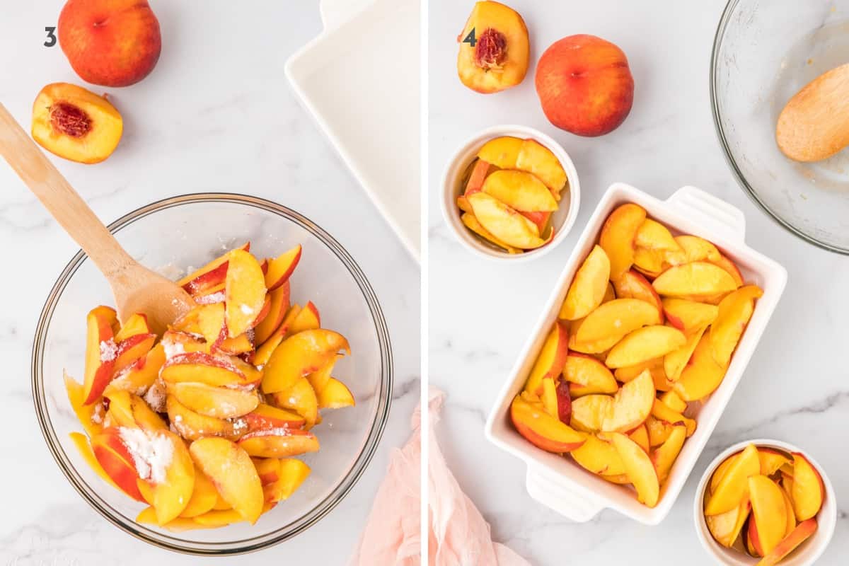 Stirring the peaches with sugar and putting the peach filling in the baking dish. 