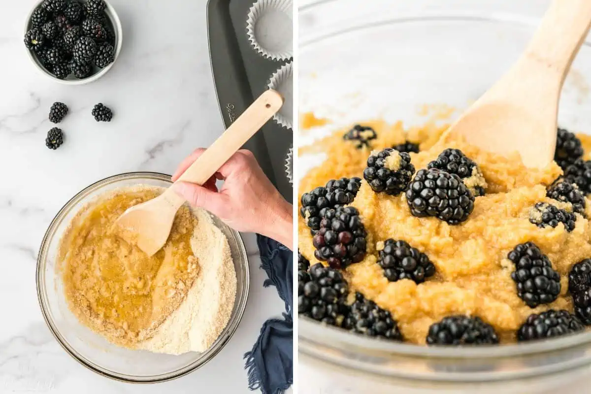 Mixing the batter and then adding the blackberries. 