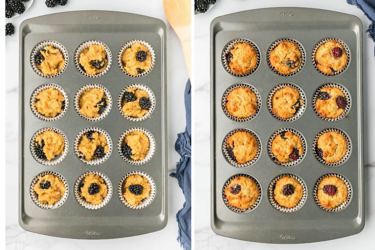 The muffin batter in a muffin pan and the muffins after baking. 