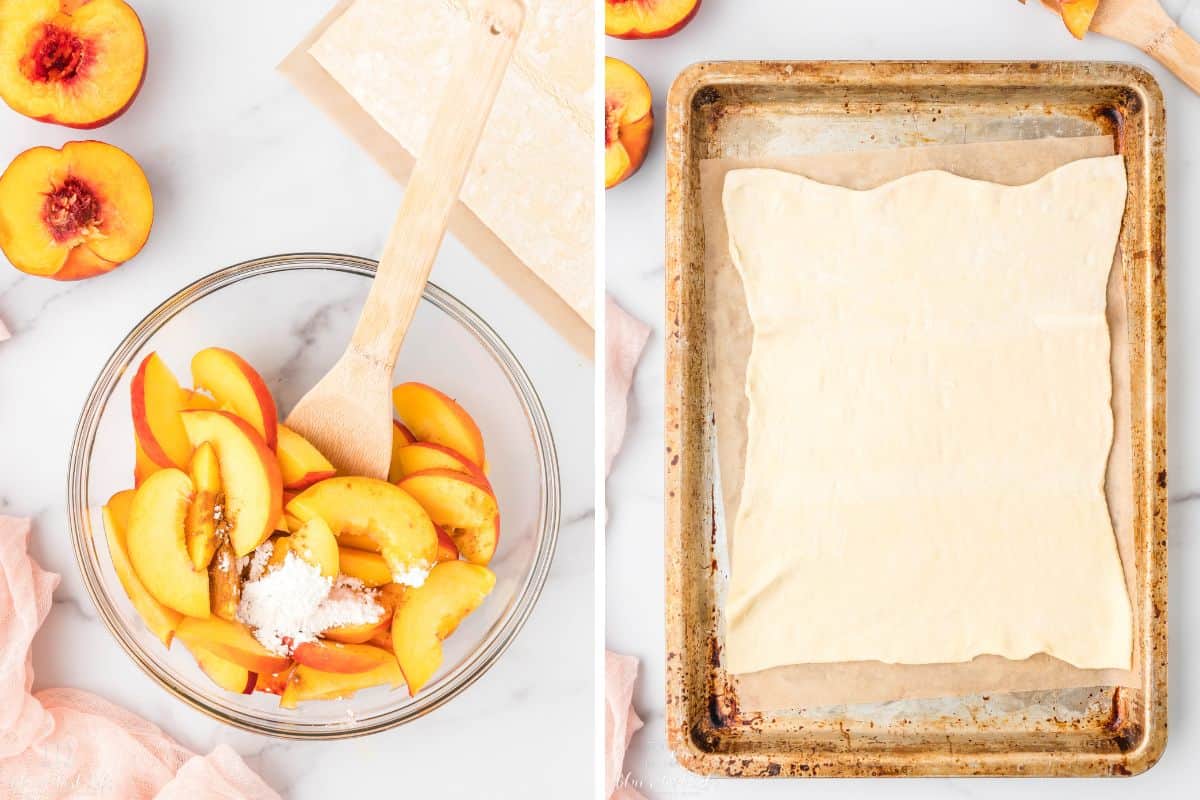 Stiring the cornstarch and peaches together.  And stretching the puff pastry out on the baking tray.