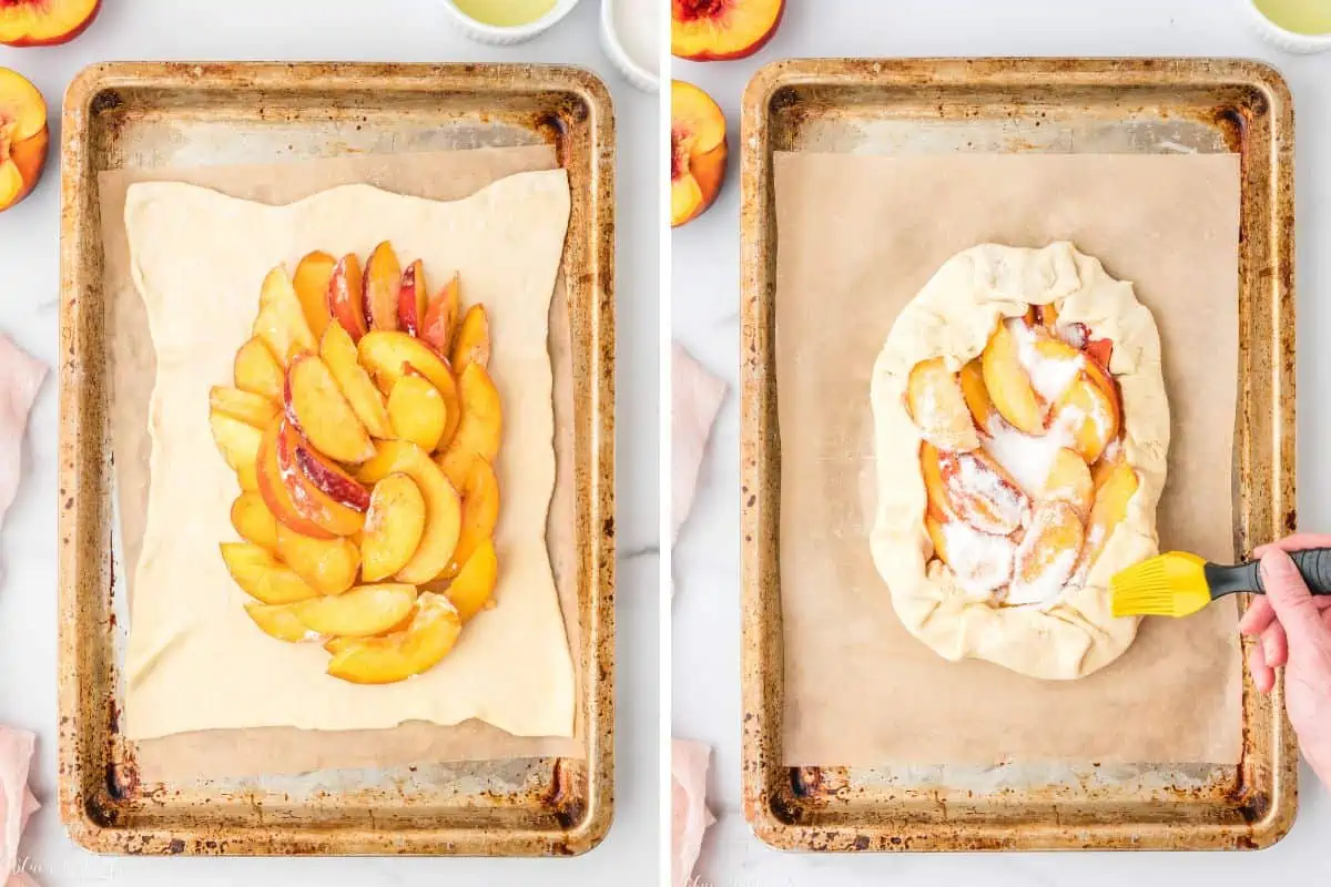 The peach slices arranged on the dough and the edges folded around the peaches.  
