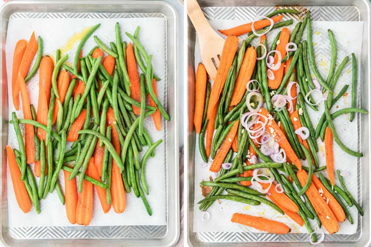 The green beans on a parchment lined baking tray.  