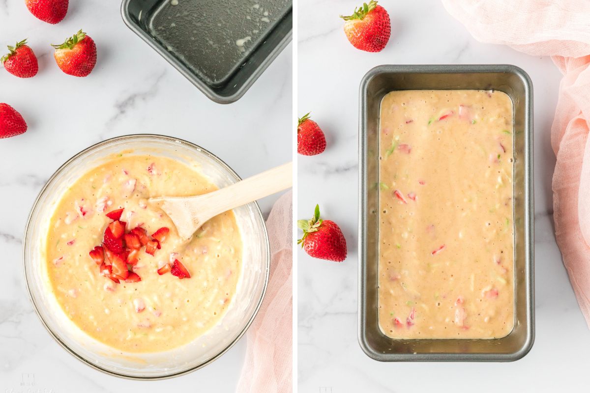 Adding the strawberries to the batter and pouring the batter into a prepared pan. 