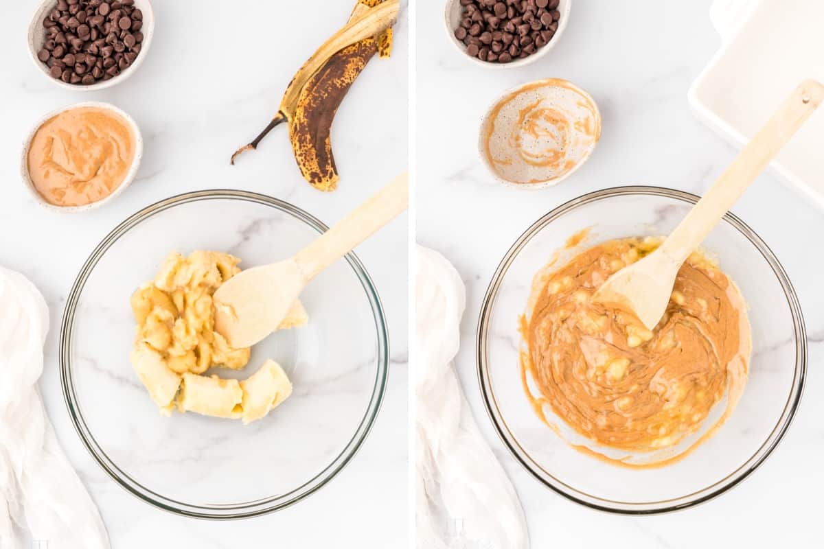 Mashing the banana with a spoon and stirring in the honey and peanut butter. 