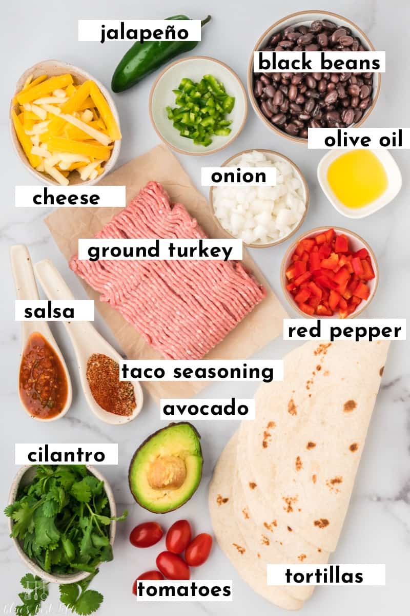 Ingredients to make ground turkey quesadillas. 