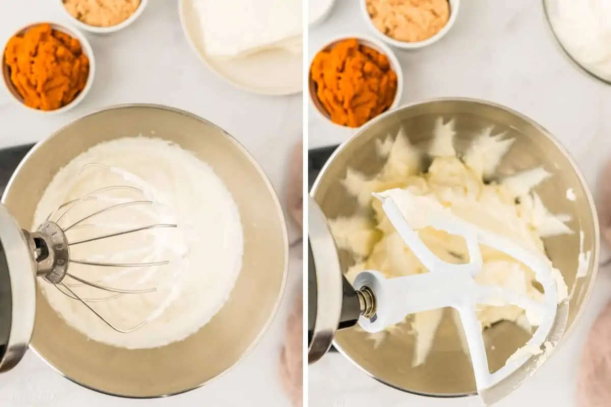 Beating the cream to make whipped cream and then separately beating the softened cream cheese. 