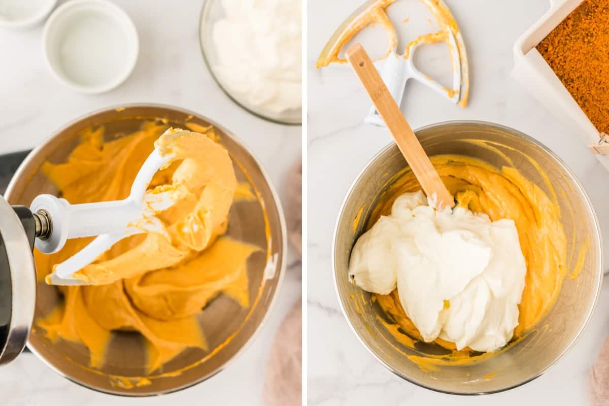 Adding the pumpkin to the cream cheese and then stirring the whipped cream into the pumpkin mixture by hand. 