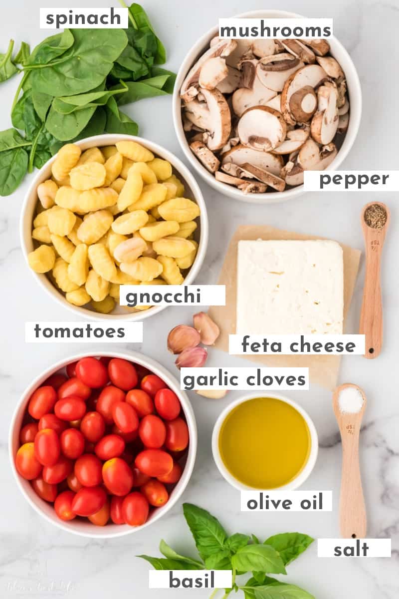 The ingredients needed for baked feta gnocchi. 