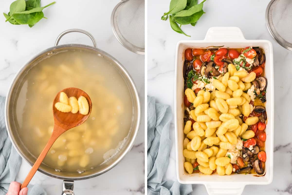 Photo Collage. Left: The gnocchi cooking in boiling water in a pot. Right: adding the gnocchi to the roasted vegetables resting on a baking dish. 