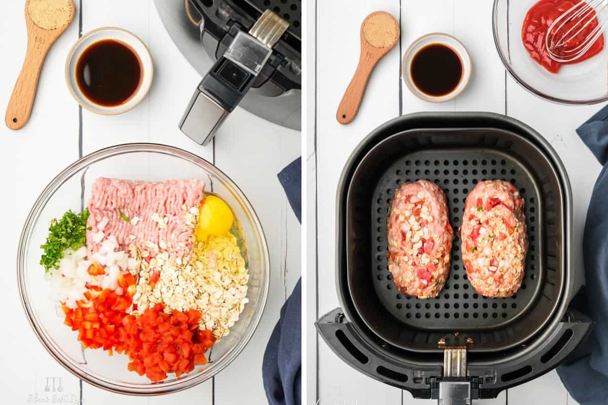 Photo Collage: Left: Mixing the ingredients together for air fryer meatloaf in a clear bowl; Right: placing molded meatloaf it in the air fryer basket.
