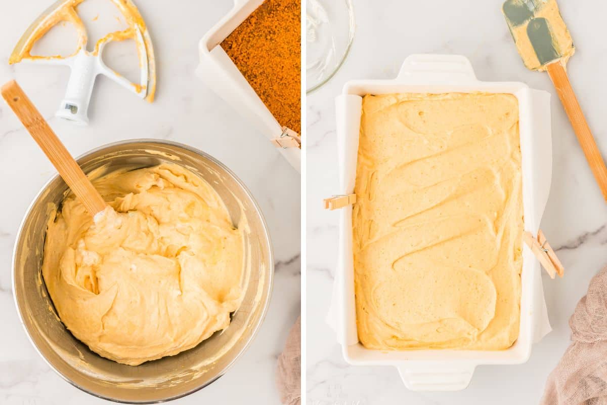 Spreading the cream cheese into the baking dish. 