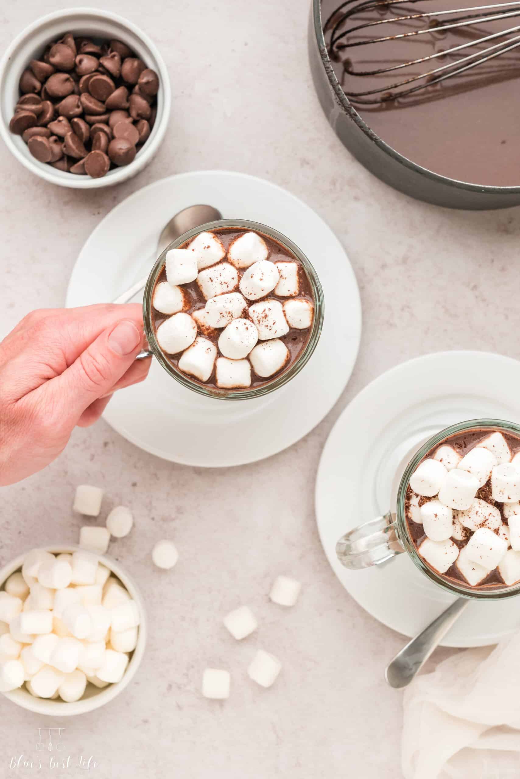 A mug of hot chocolate with marshmallows. 