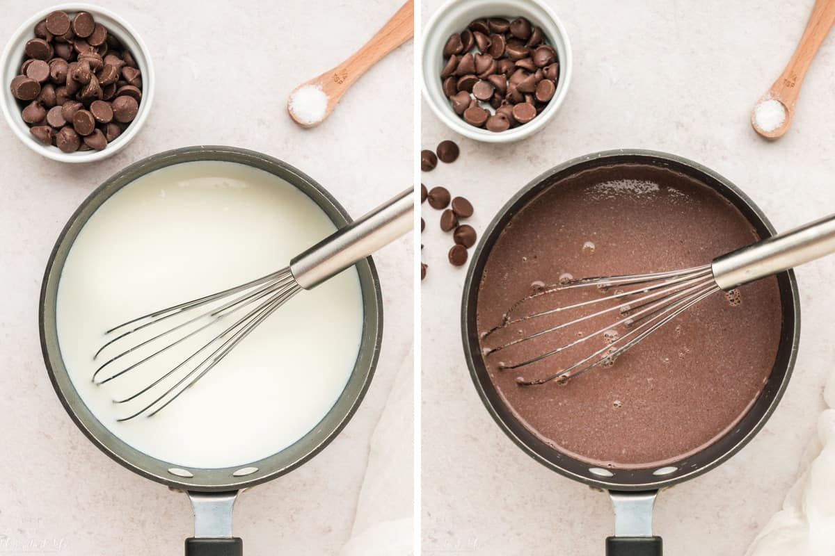 Milk in a saucepan and the chocolate chips stirred in to melt. 