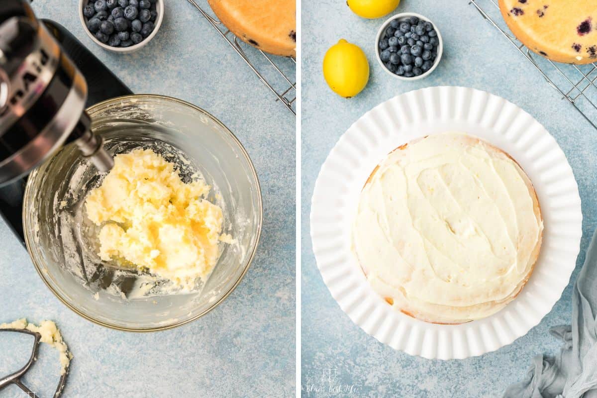 Creaming the butter in the stand mixer and frosting the cake. 
