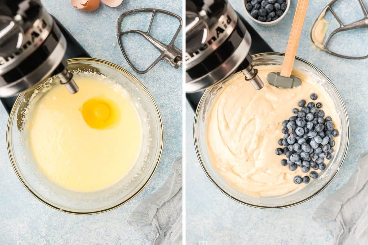Adding the egg to the batter and the blueberries to the lemon cake. 