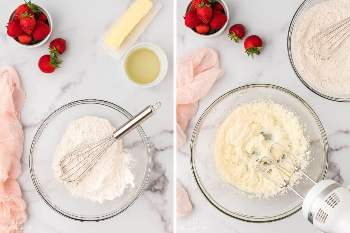 Using a whisk to mix the dry ingredients. Beating the butter, sugar and vegetable oil together.