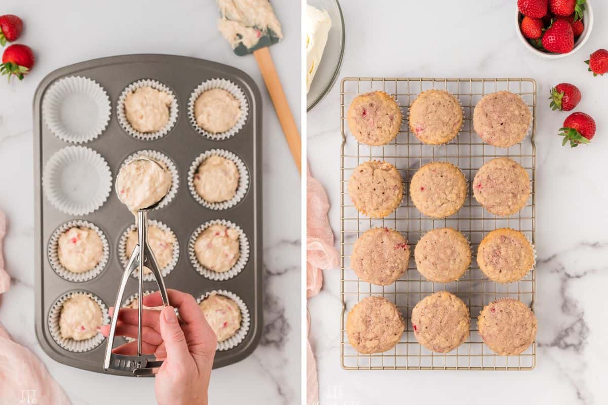 A scoop of cupcake batter. The cupcakes after they have baked.