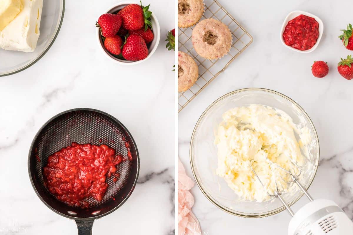 Reducing the strawberries in a sauce pan. And making the frosting.