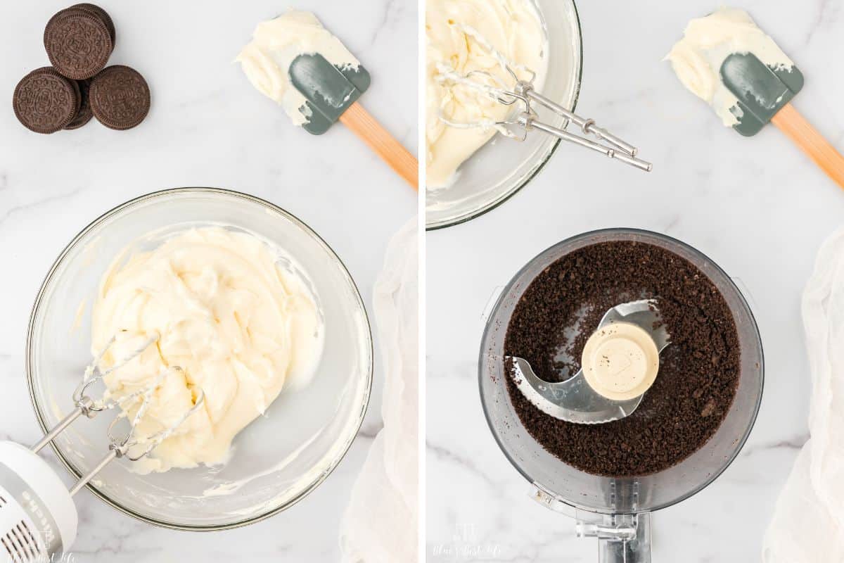 The cream cheese being mixed together to make the frosting and the Oreos pulsed into crumbs in a food processor. 