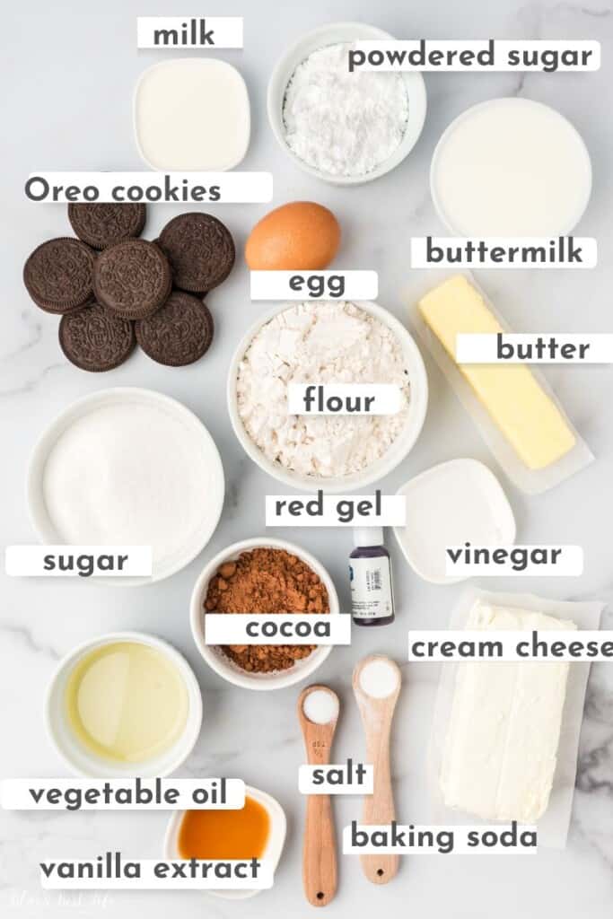 ingredients needed to make Oreo Red Velvet Cupcakes with Oreo Cream Cheese Frosting