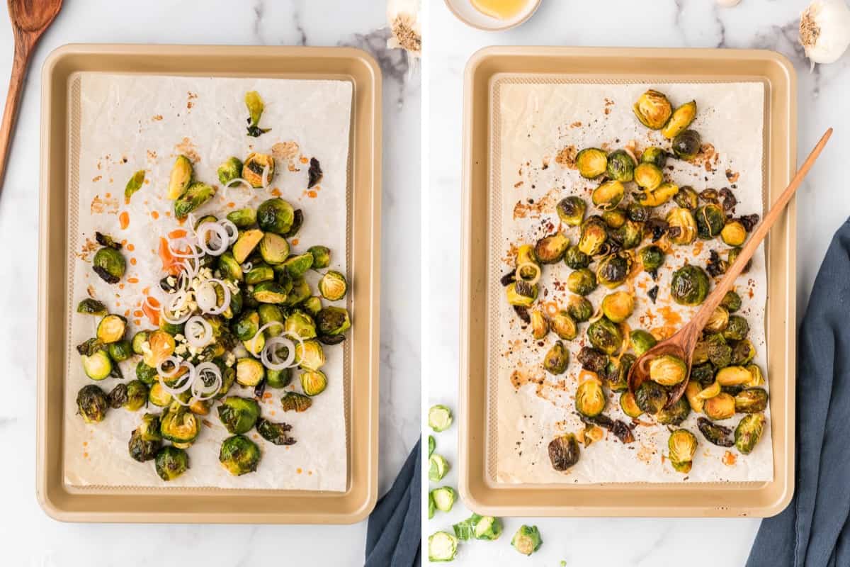 The sheet pan of roasted brussels sprouts after roasting. 