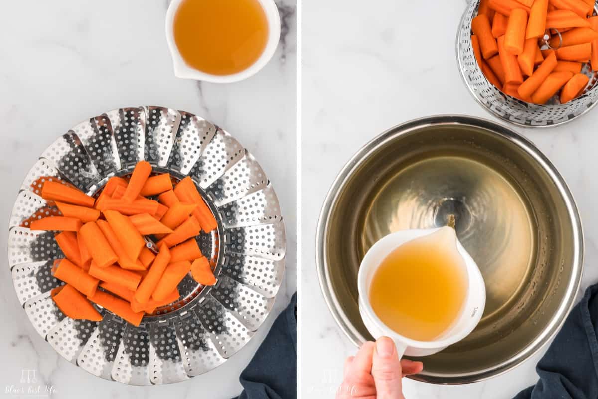 The stainless steel steamer basket and pouring the chicken broth inside the inner pot.