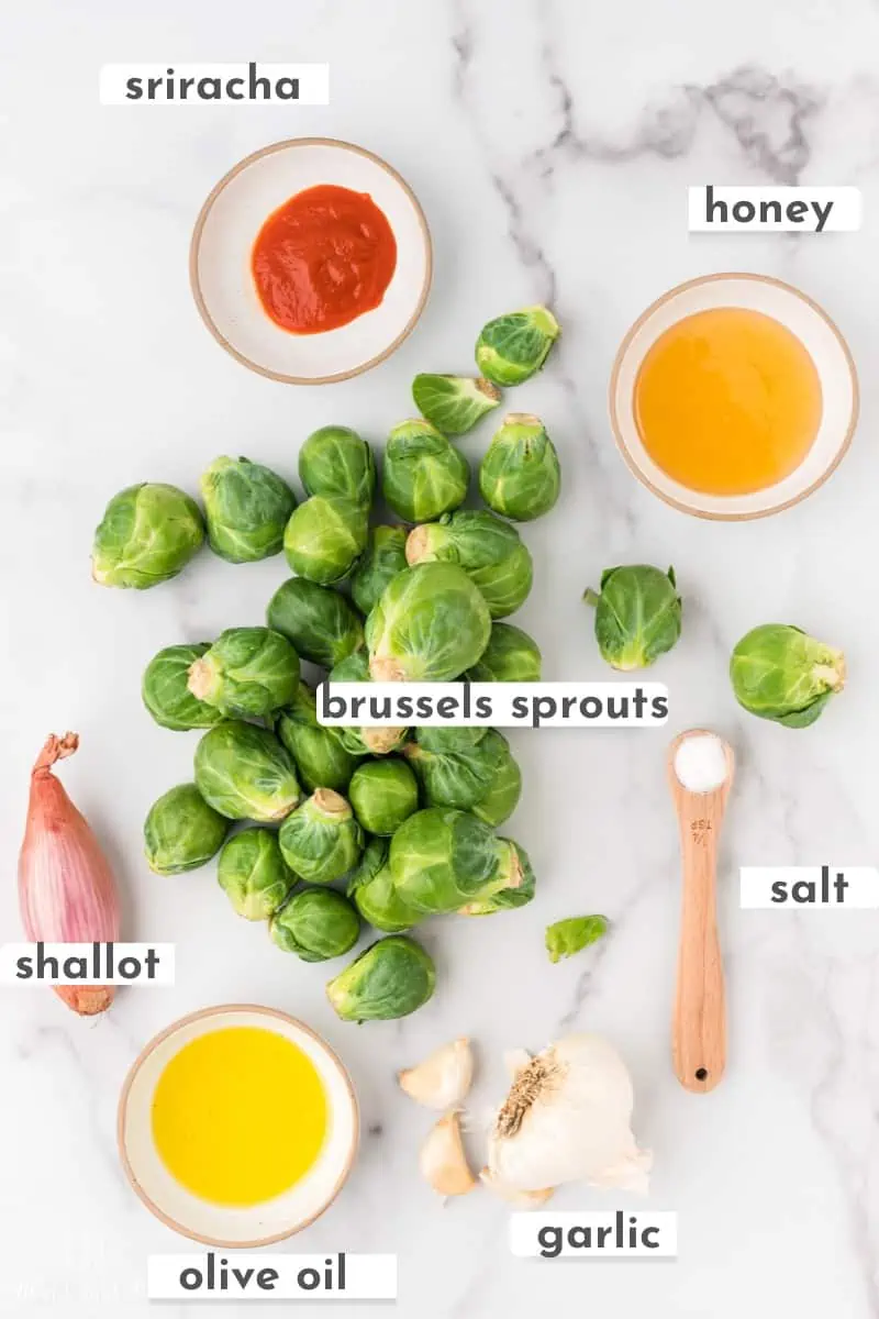 The ingredients for honey sriracha brussels sprouts. 