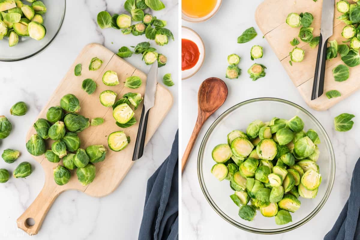 Trimming the ends and cutting the brussels in half and adding them to a bowl to toss in olive oil. 