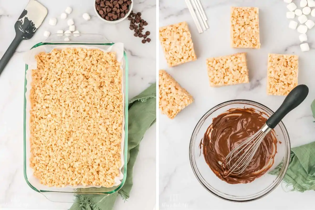 Rice Krispies in a 13 x 9 inch pan and melted chocolate for the coating. 