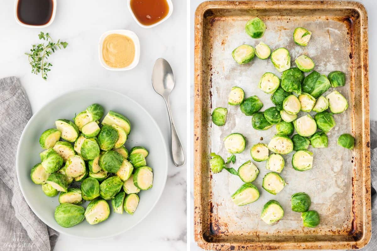 A bowl with brussels sprouts and spreading them on a baking sheet. 