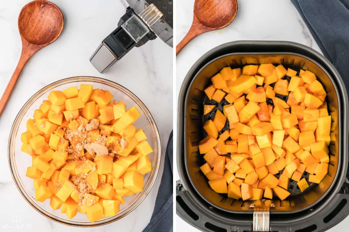 The butternut squash in a bowl with the seasonings and brown sugar.  The squash in the air fryer basket. 
