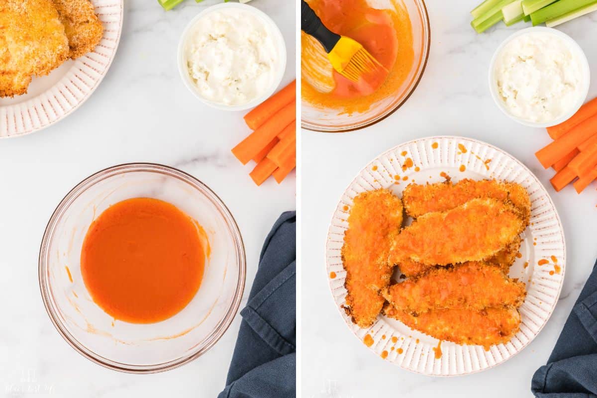 Photo Collage: Left: The hot sauce and butter mixed together; Right:  and the chicken tenders coated in the hot sauce. 