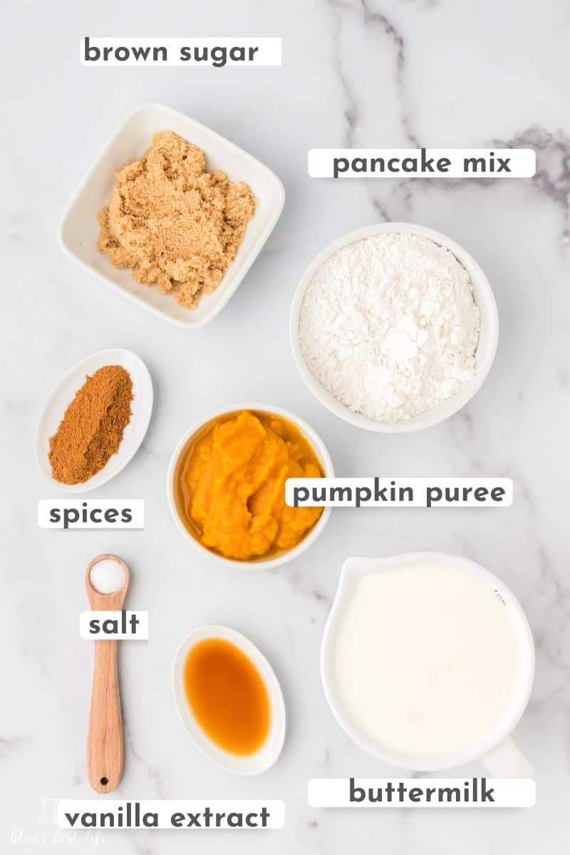 The ingredients for the pumpkin pancakes: Brown sugar, pancake mix, spices, pumpkin puree, salt, vanilla extract, buttermilk. 