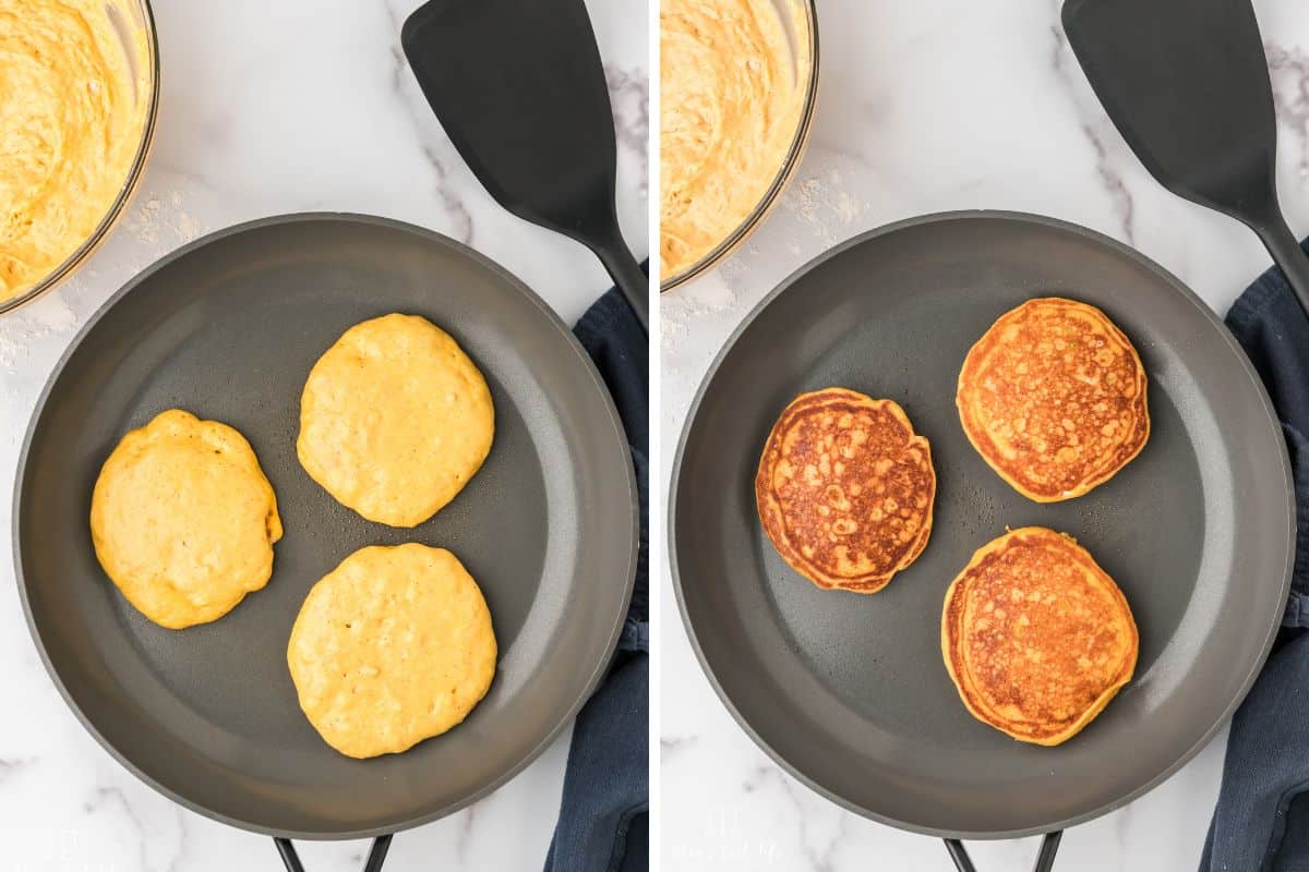 Side-by-side photo: Left: raw batter divided into three portions in a skillet. Right: Pancakes that are already cooked in a skillet. 