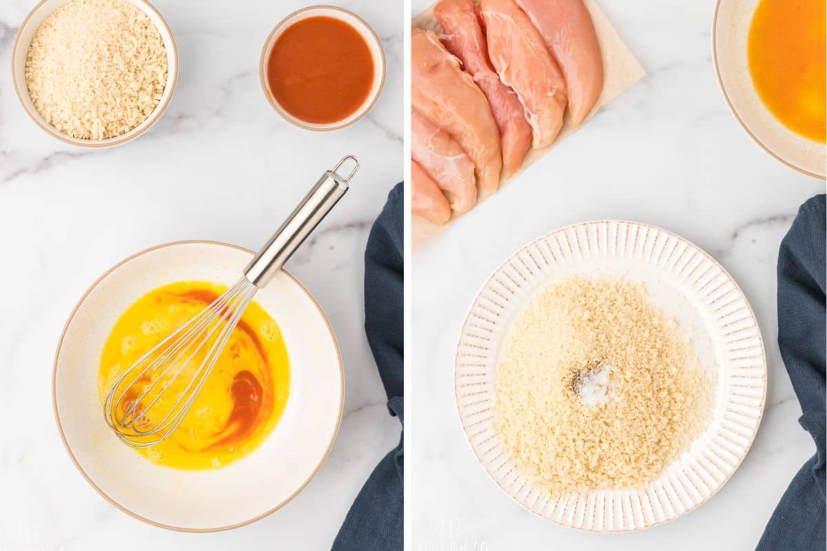 Photo Collage: Whisking together the egg and hot sauce; Right: adding the spices to the panko crumbs. 