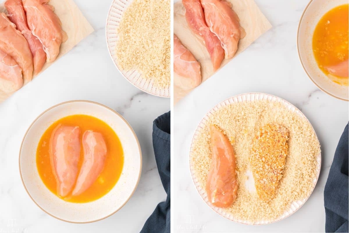 Photo Collage: Left: Dunking the chicken into the egg wash; Right: dredging the chicken tenders with panko crumbs. 