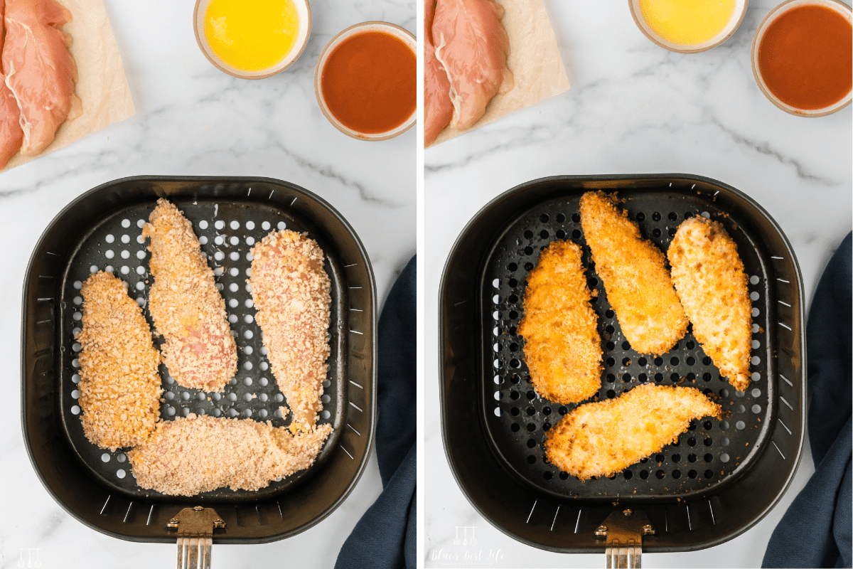 Photo Collage. Left: Raw chicken tenders in the air fryer basket; Right: Cooked chicken tenders in the air fryer basket.  