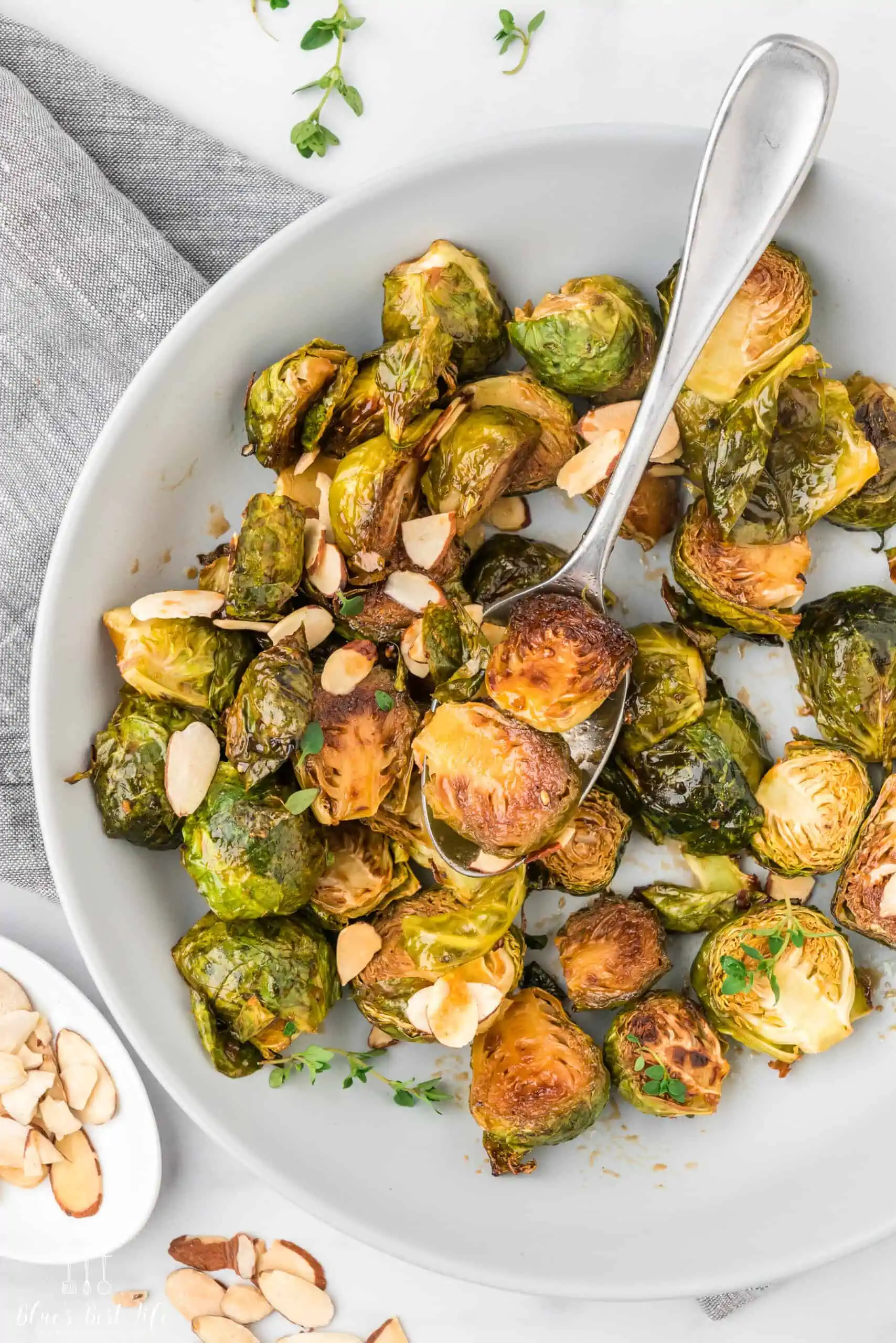 A bowl with maple balsamic brussels sprouts. 
