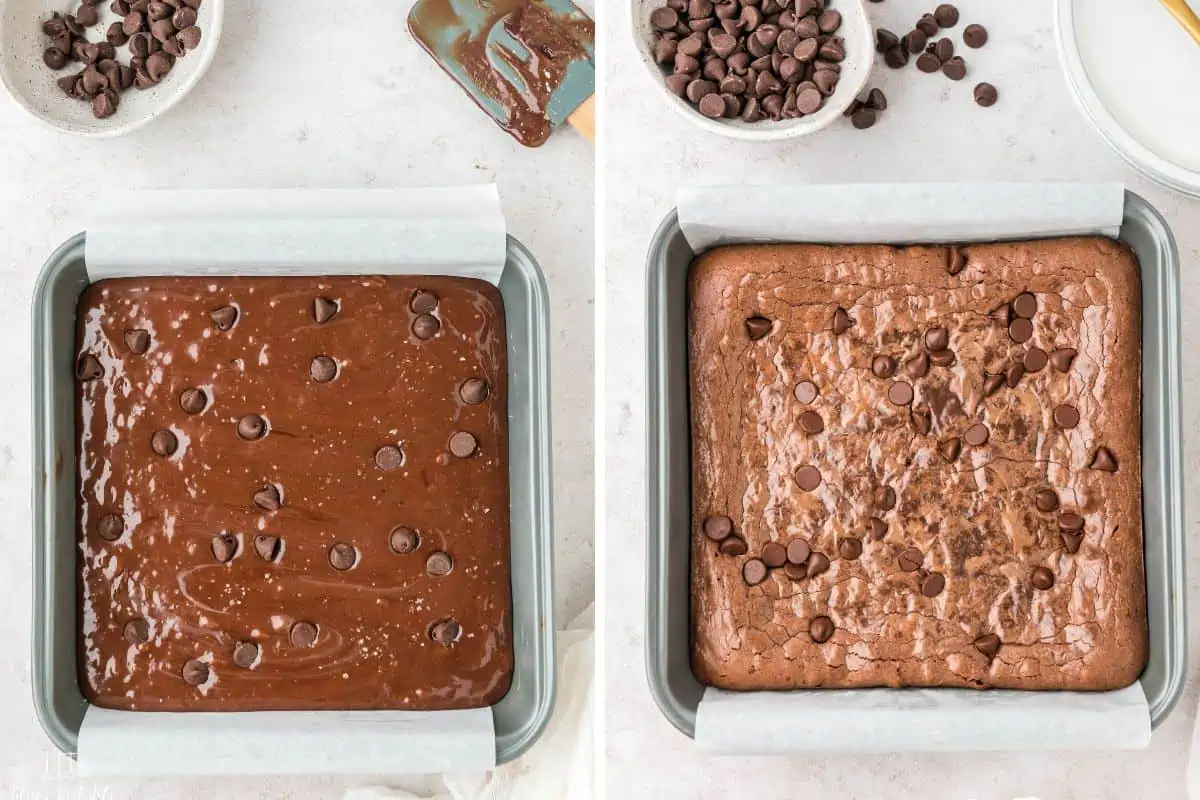 Brownie batter in a parchment lined baking dish before and then after it has been baked. 