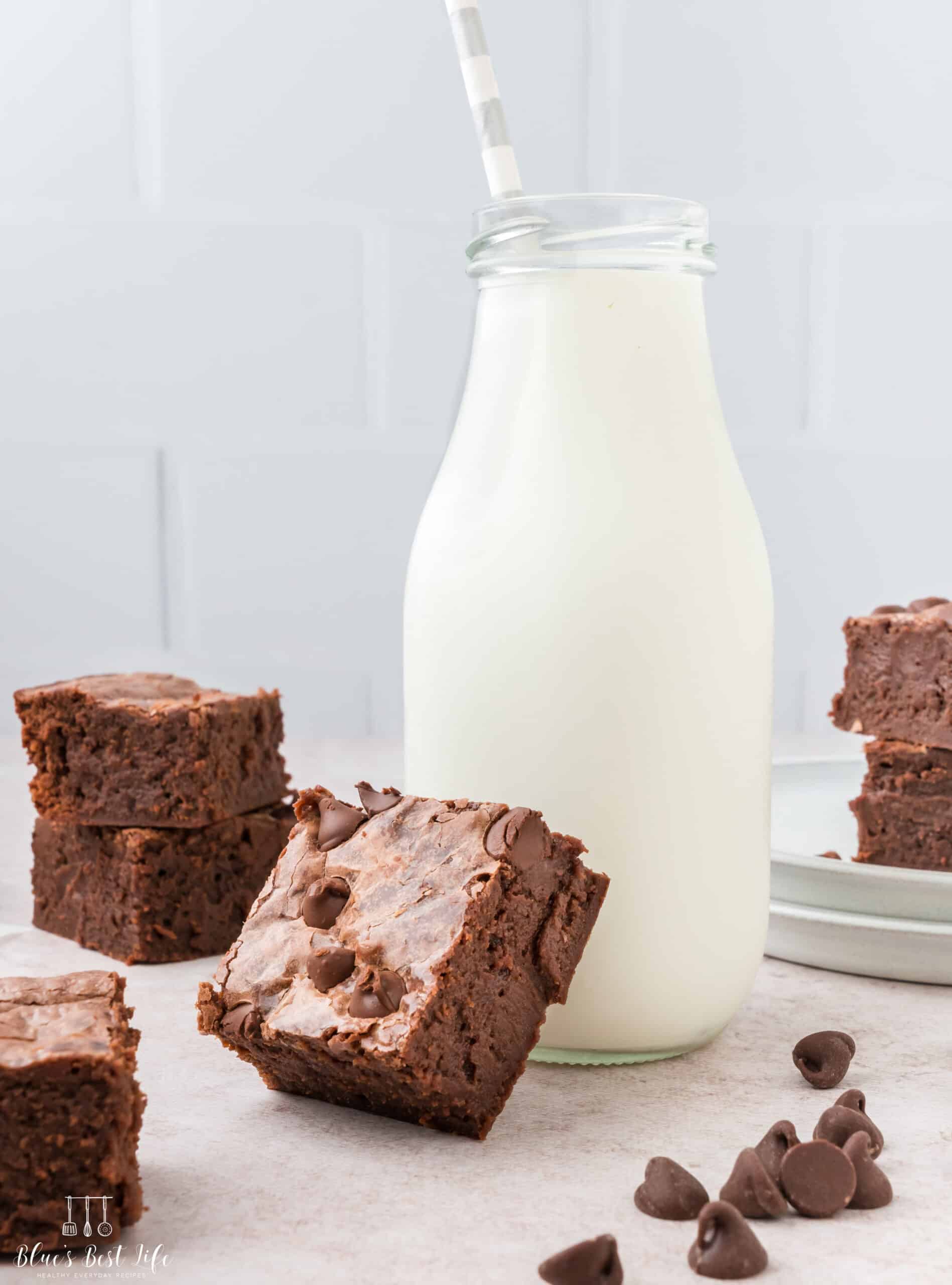 Brownies with a glass of milk.