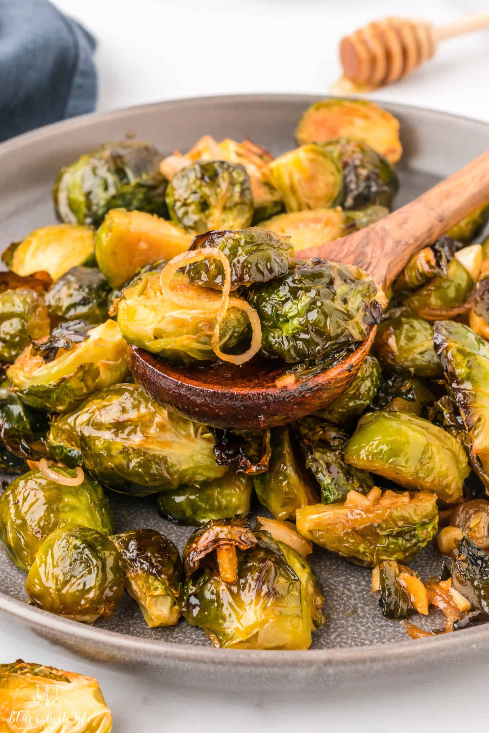 Brussels sprouts on a serving plate. 