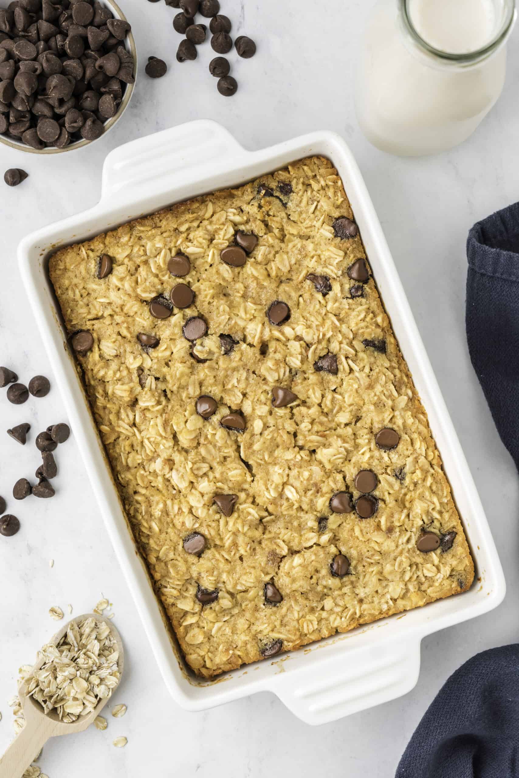 A baking dish with chocolate chip baked oats. 