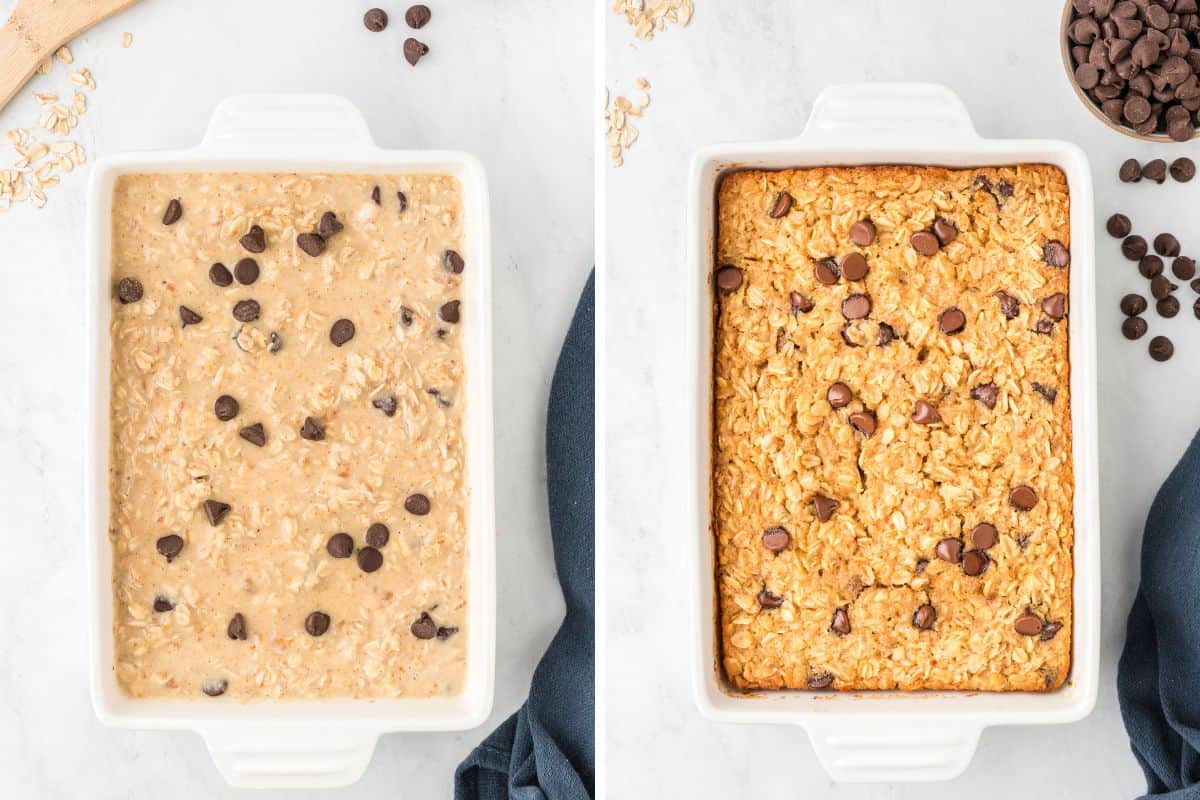 The baking dish before and after the oats are baked. 