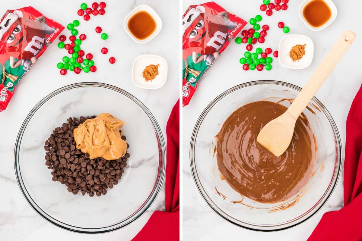 Melting the chocolate chips and peanut butter in a glass bowl. 
