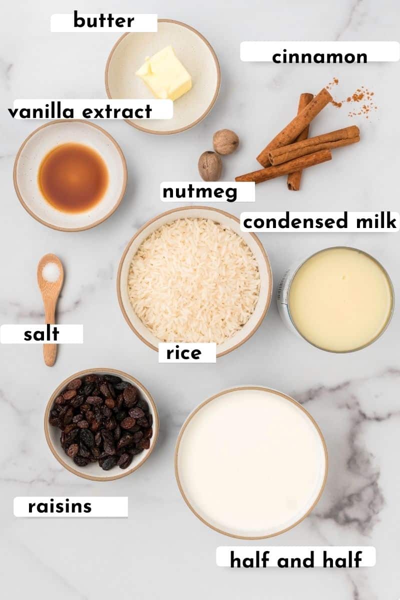 The ingredients to make rice pudding. 